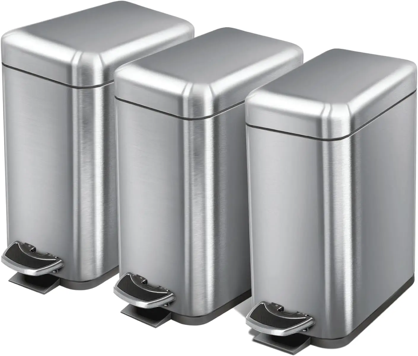 

3-Pack Slim Stainless Steel Trash Cans with Lid and Pedal, 1.3 Gallon for Bathroom Home Office, Silver
