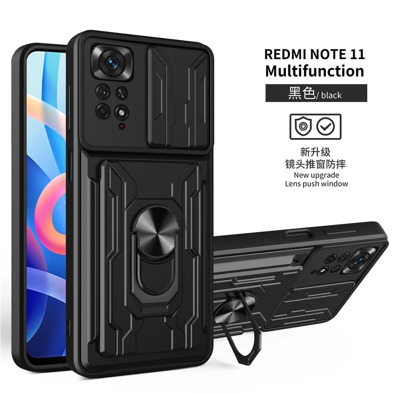 Armor Lens Protection Shockproof Case For Xiaomi Redmi 9 9A 9C 9T Note 11 10 9 8 Pro 9S 10S 11S Holder Magnetic Cover Card Slot