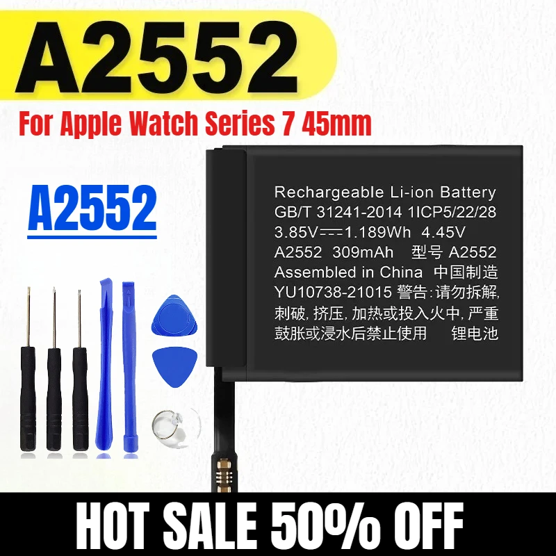 

309 мАч, новый A2552 для Apple Watch Series 7, 45 мм, сменный аккумулятор IWatch + бесплатные инструменты