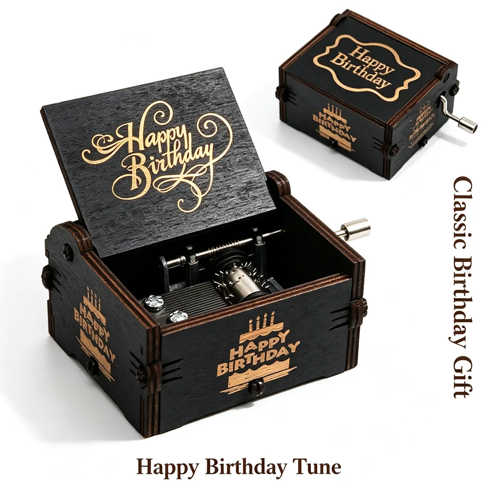 •Birthday Present Happy Birthday Wood Music Box Automatic Knob Metal Movement Decorative Ornaments Mascot Decorative Ornaments