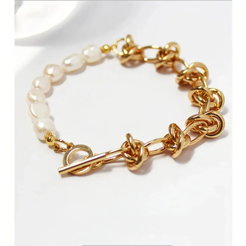 Korean Temperament Knotted Chain Bracelet, Personalized Creative Splicing Design Natural Pearl Retro Fashionable Hand Jewelry