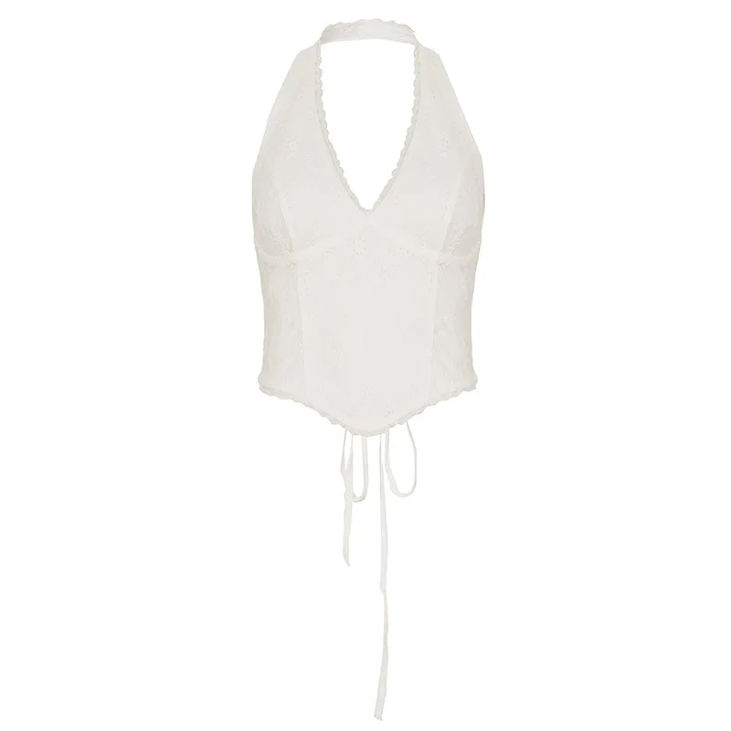 유럽과 미국의 새로운 화이트 자카드 레이스 스티칭 넥 브이넥 슬링 슬림 불규칙 스트랩 베스트 여성 의류