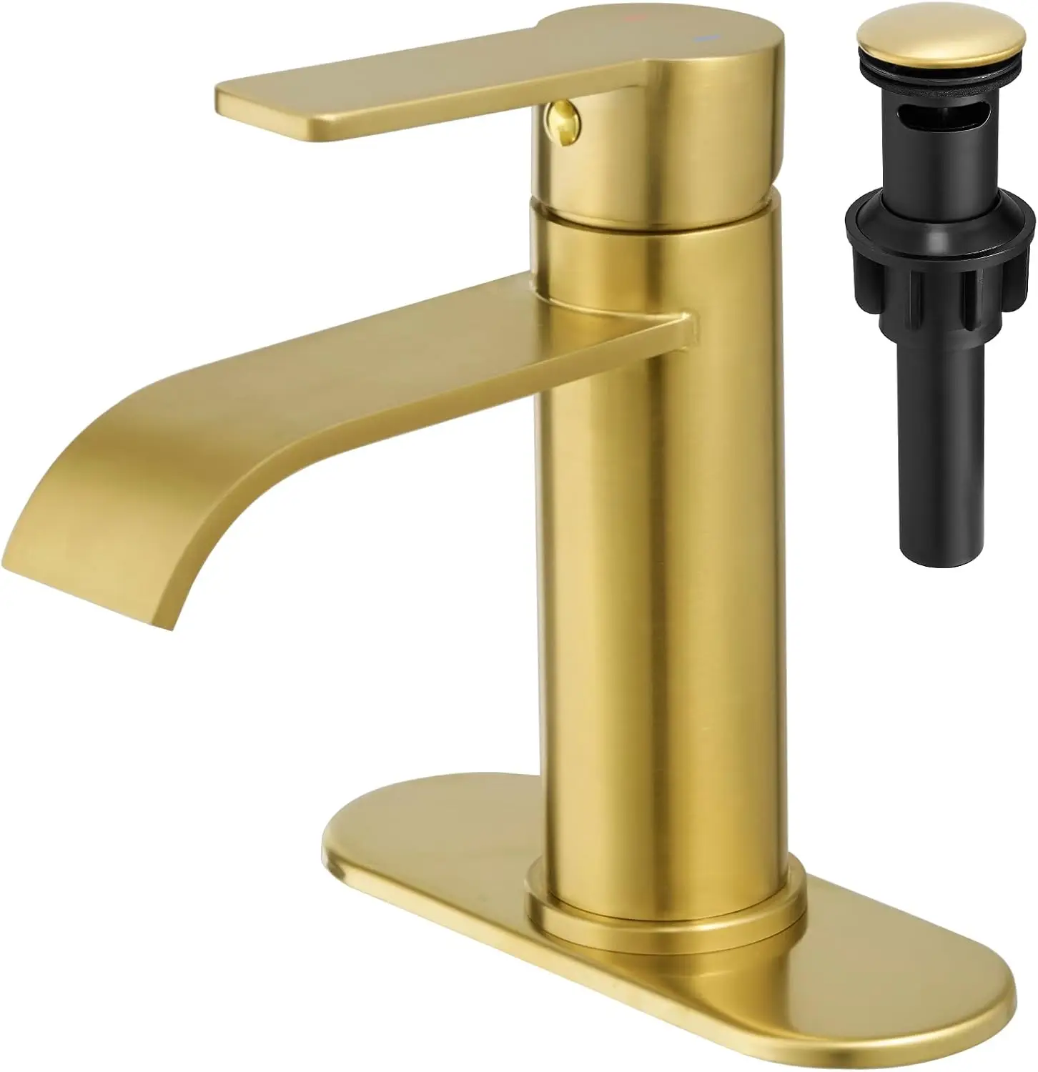 

Waterfall Bathroom Faucet Brushed Gold, Single Handle 1 or 3 Hole Modern Sink Faucet with Deck Plate & Pop-Up Drain, RV Ca