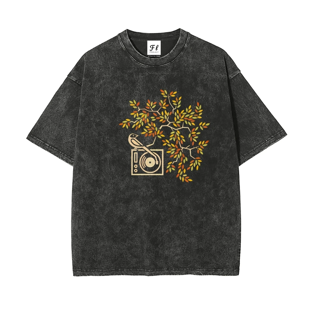 음악 팬 워시 코튼 티셔츠 버드 레코드 패턴 캐주얼 루즈 반팔 리듬 매력적인 세련된 편안한 탑