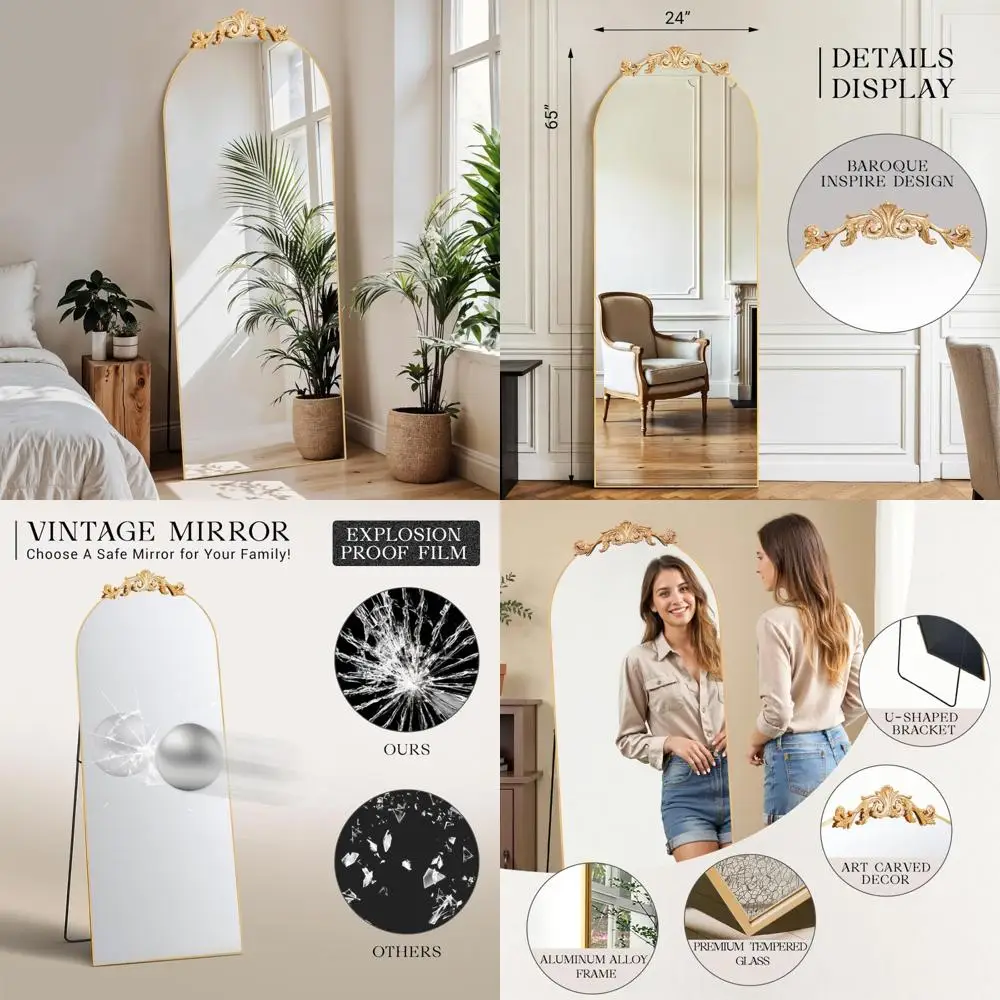 Antique Large Arched Full Body Mirror 65x24 Freestanding with French Carving Top Vintage Baroque Style