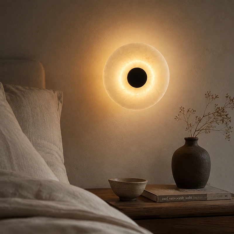 Lampinbox Modern Natural Alabaster Wall Sconce LED Round Stone Wall Lamp 12W Minimalist Luxury Sconce for Bedroom Living Room