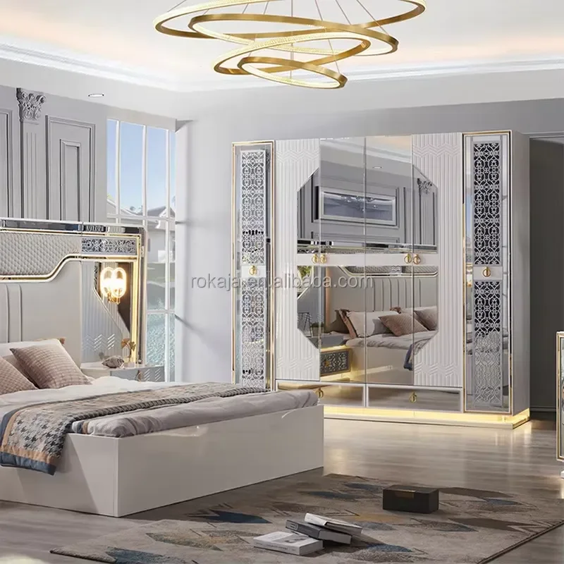 Wooden Bedroom Furniture Set With Mirror Bed And Cushion Villa Hotel High End Custom Luxury Home Decor Combination Suite