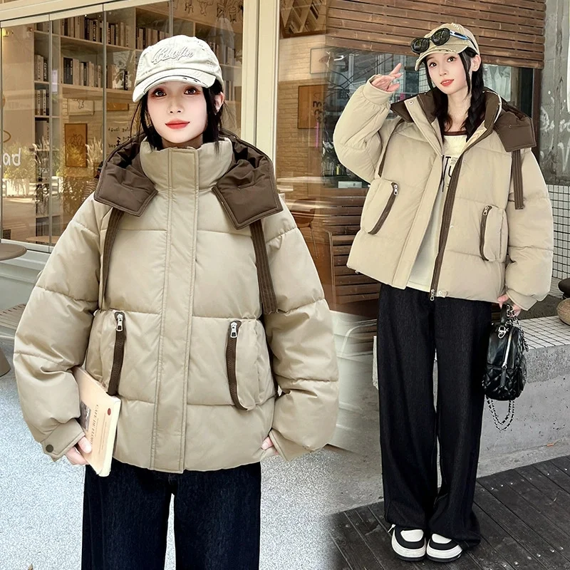Women's Winter Parka Coat 2025 Casual Korean Lady Outerwear Thicken Colour Matching Hooded Ladies Down Cotton Jacket Overcoat