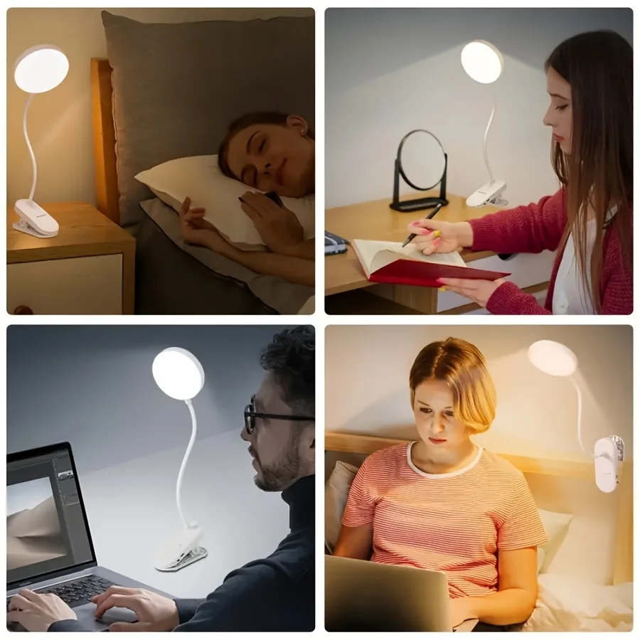 مصباح طاولة USB مصباح مكتبي قابل لإعادة الشحن مع مشبك سرير قراءة كتاب ضوء ليلي LED يعمل باللمس 3 أوضاع يعتم ضوء حماية العين