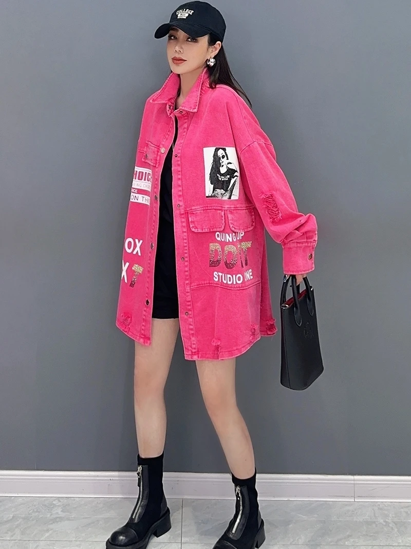 Vefadisa 2024 Autumn New Women Red Denim Coat Lapel Long Sleeve Letter Printed Coat Casual Fashion All-match Coat ZXY604A