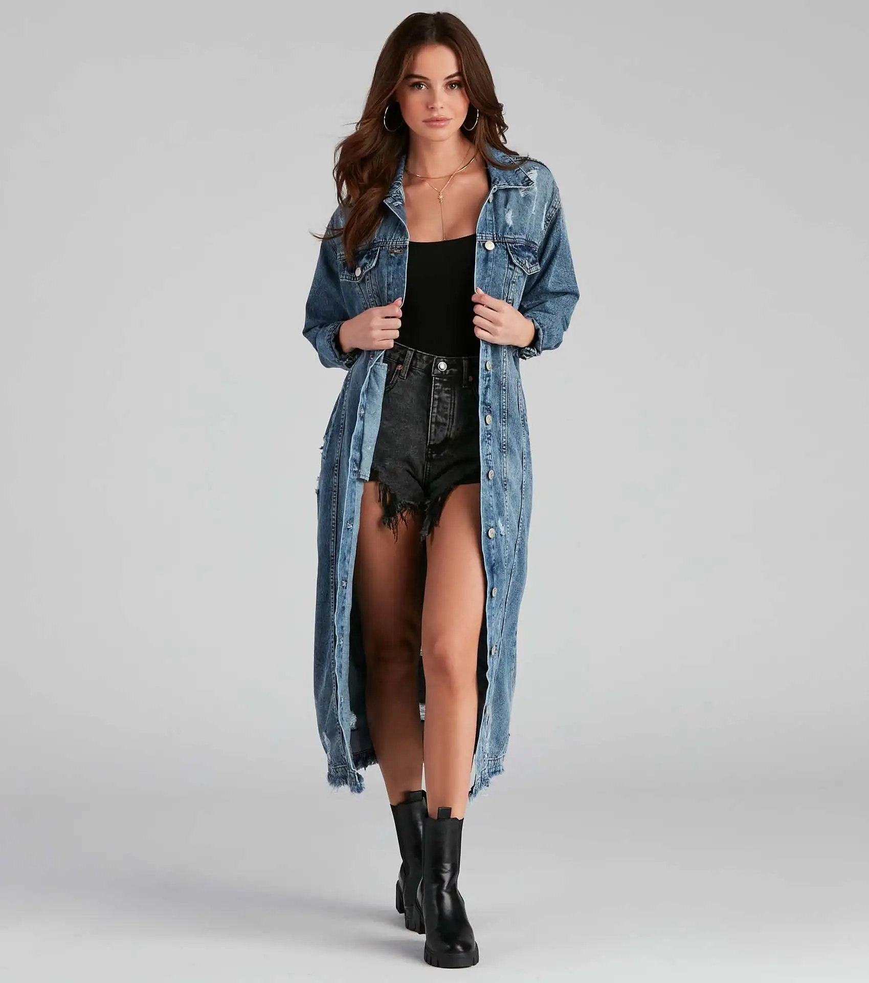 

New Fashion Women's Denim Jacket Ripped Cardigan Comfortable Casual Loose Solid Color Lady Long Sleeve Trench Coat