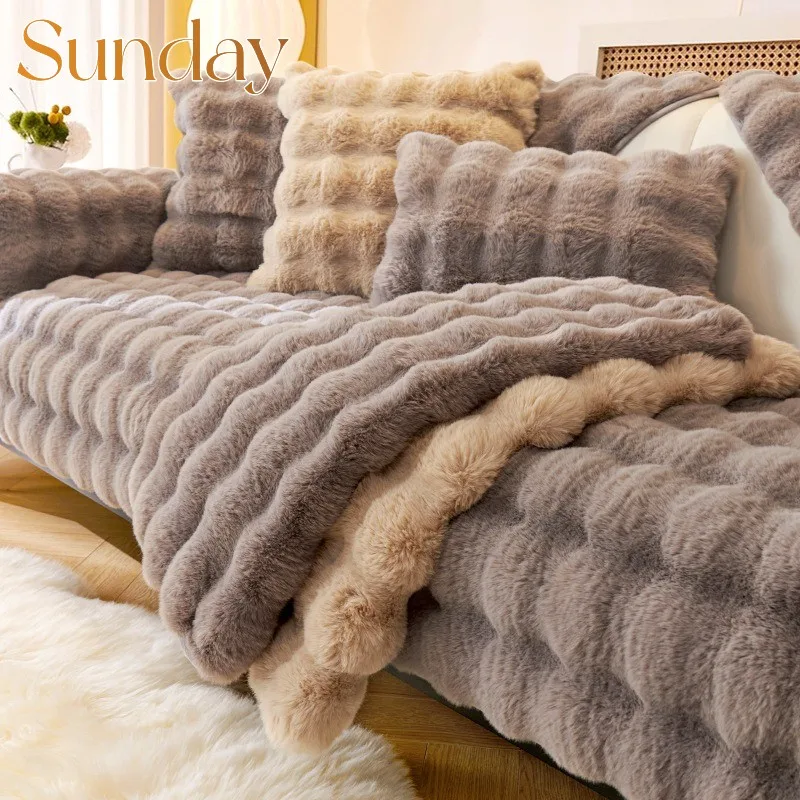 

Faux Rabbit Fur Sofa Covers for Living Room Winter Warm Super Soft Plush Couch Cushion Luxury Fluffy Velvet Slipcover Home Decor