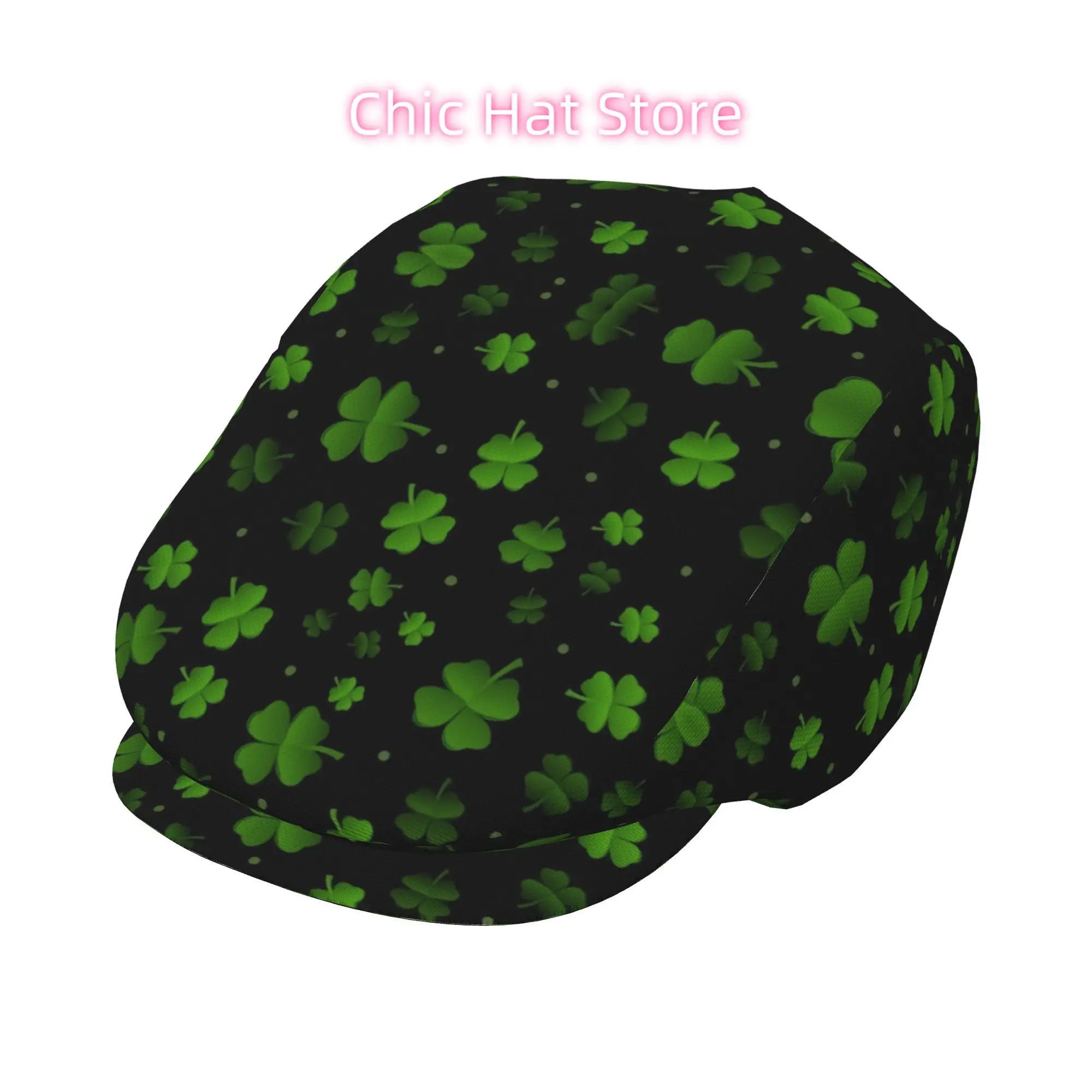 1pc Green Clovers with Dots All-Over Print Flat-Top Hats for Men And Women, Newsboy Caps, Berets, Irish Hats, Driver Caps, Retro
