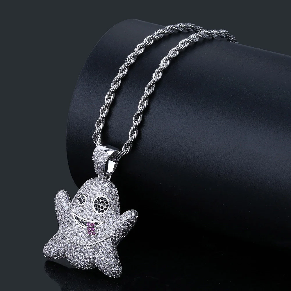 HOT Ghost Spit Tongue Funny Pendant Zircon Full Chain Necklace Stainless Steel Braided Long Jewelry HipHop
