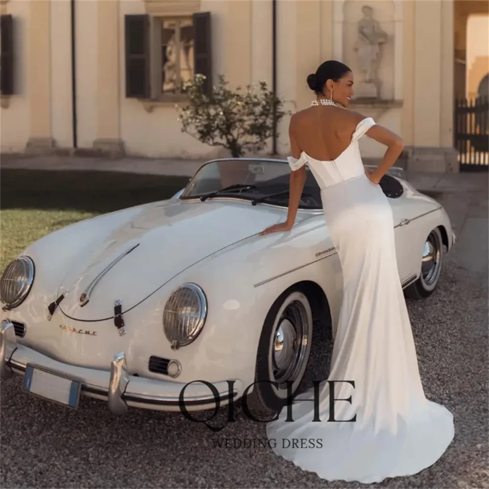 QICHE Modern Satin Mermaid Wedding Dress 2026 Off The Shoulder Open Back High Slit Bridal Party Gown Vestido De Noiva Customized