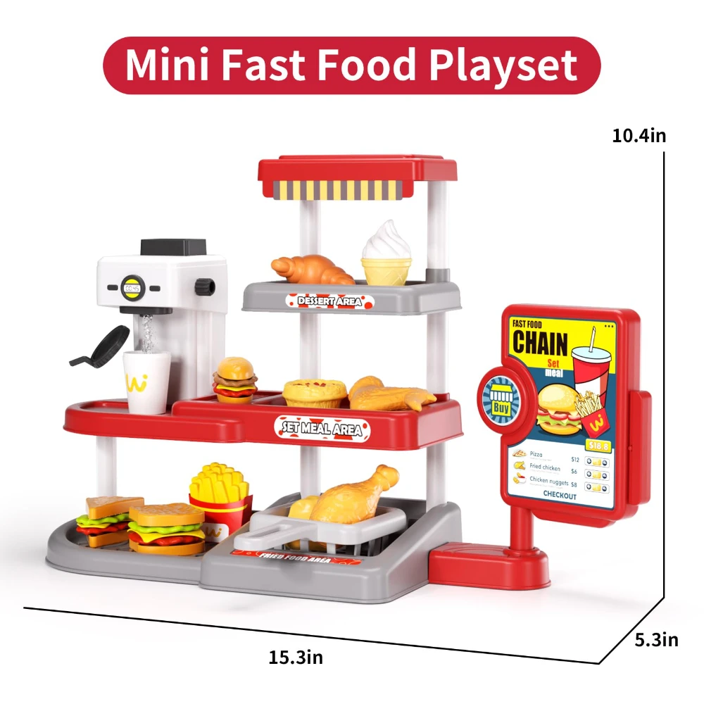 WizKidz Pretend Play Fast Food Toys Set - Cash Register Water Dispenser Hamburger Fried Chicken Egg Tart Play Money for Ages 3+