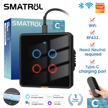 Tuya WiFi + RF433 smart switch wall touch light switch type-c timing remote control supports neutral and useless neutral wires