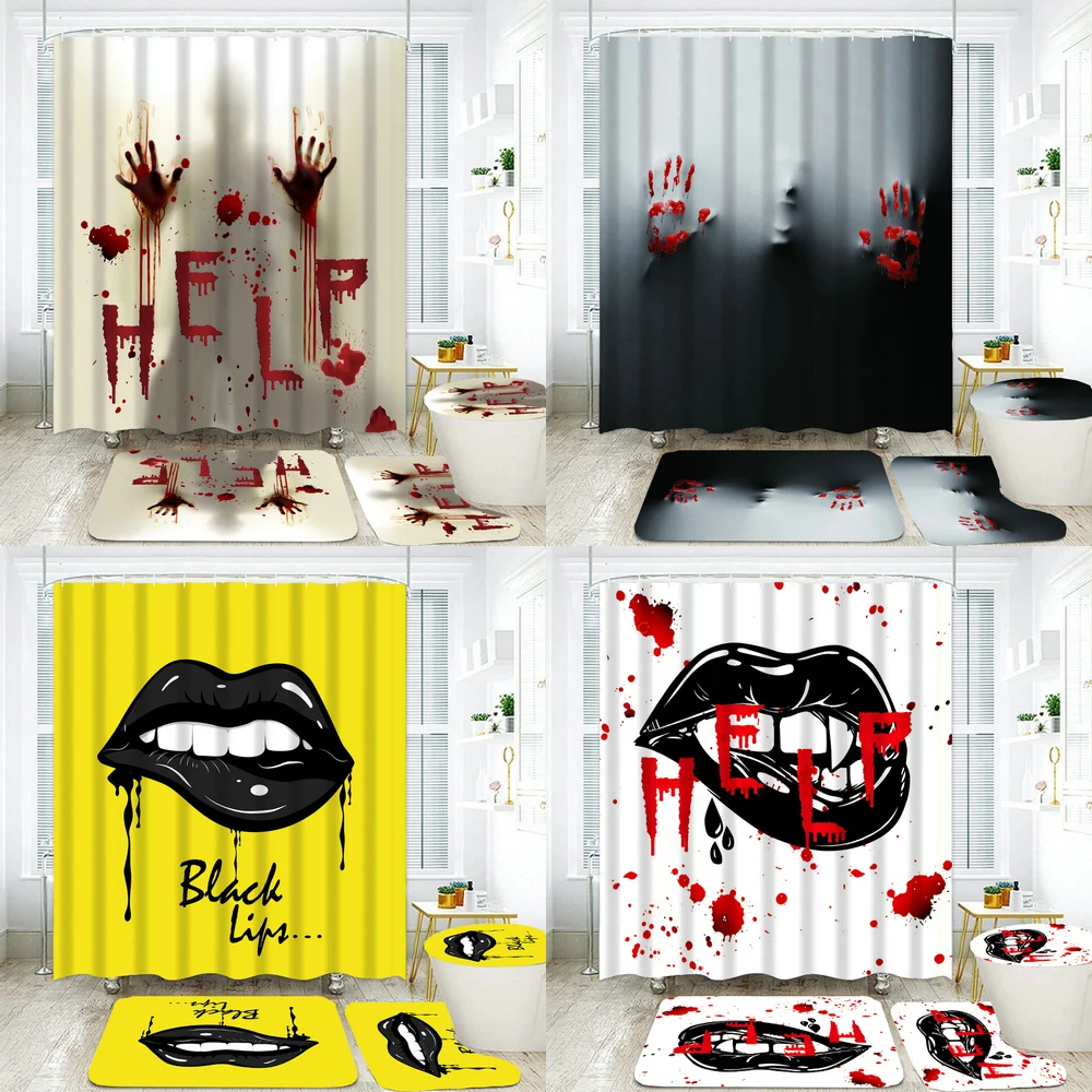 Horror Bloody Hands Shower Curtains Bathroom Curtain Set Bath Mats Rugs Happy Halloween Non-Slip Carpet Toilet Cover Home Decor