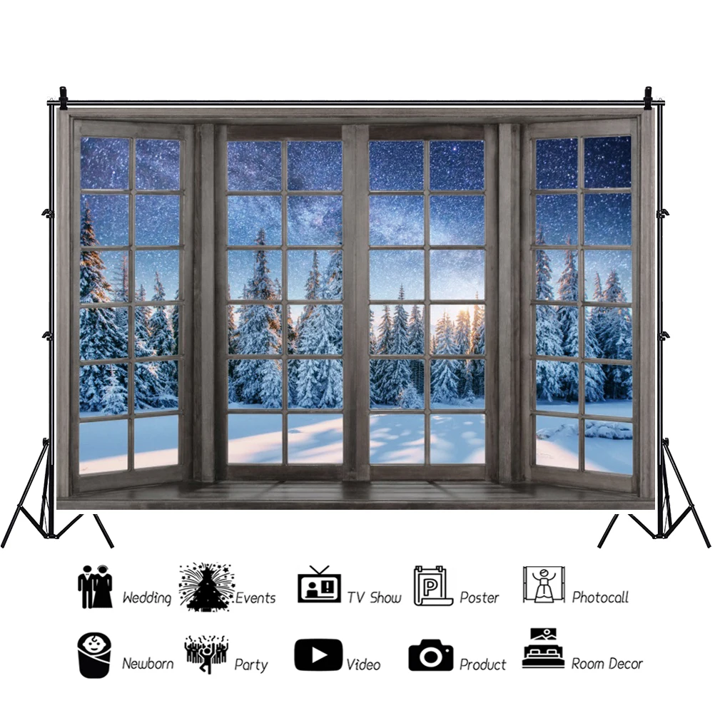 Laeacco зимний пейзаж окно фотография Фон Рождество Снег Деревья Звездный пейзаж ребенок дети день рождения Портрет фон