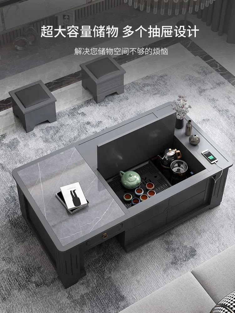 Household Kung Fu tea table Automatic lifting rock slab   Kettle integrated tea tray Solid wood multi-functional