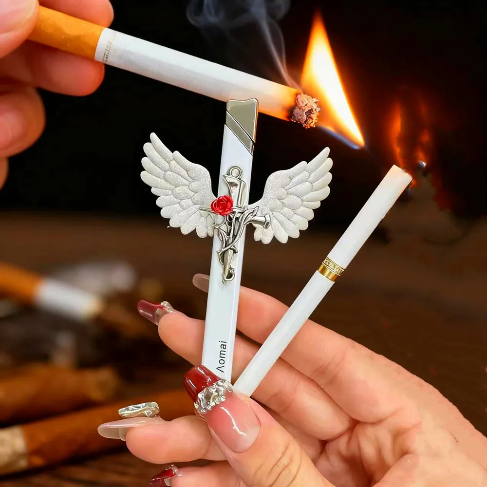 Rose Butane Torch Lighter Portable Mini Metal Open Flame Angel Design Cute Wings Smoking Accessories for Home Garden
