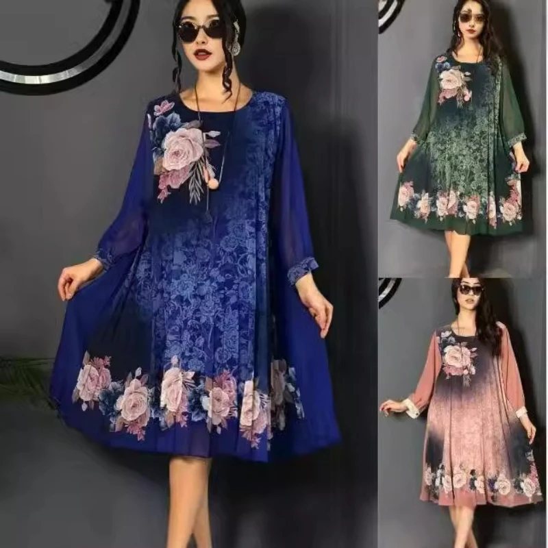 

Women Floral Print Dress Long Sleeved Round Neck Loose Dresses Spliced Vintage A Line Casual Vestidos Lady Summer 2025