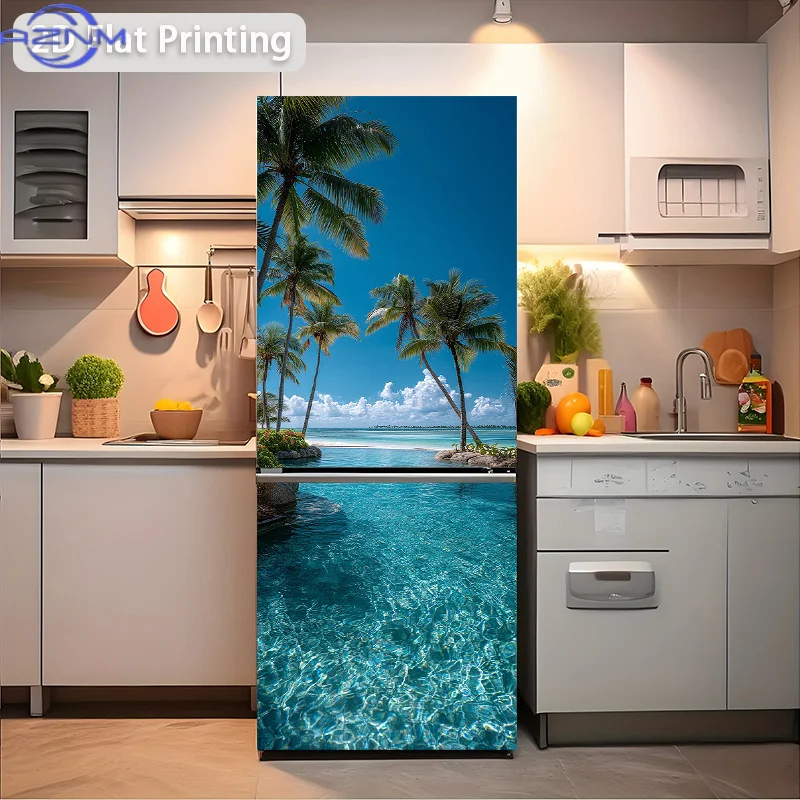 Printing Refrigerator Sticker , Blue Sea Coconut Grove Pool Wall Decal, Self-Adhesive Removable Vinyl Wallpaper-Style Decorati