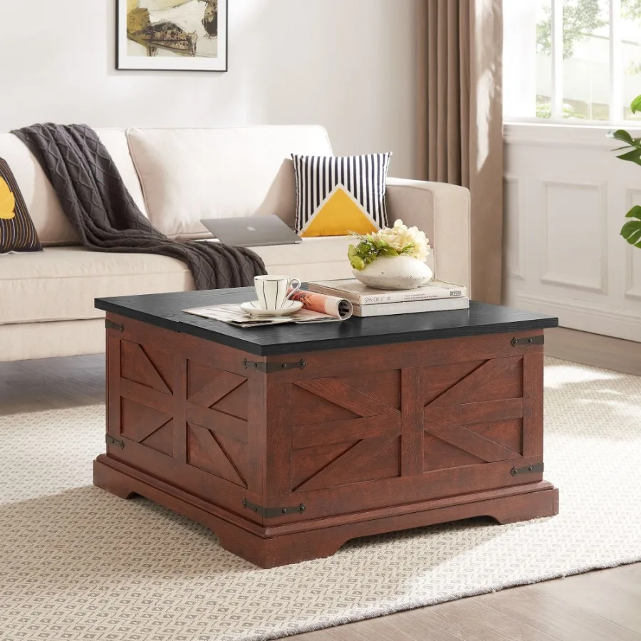 

Farmhouse Coffee Table Square Wood Table with Large Hidden Storage Compartment for Living Room Barn design Center Table Rustic