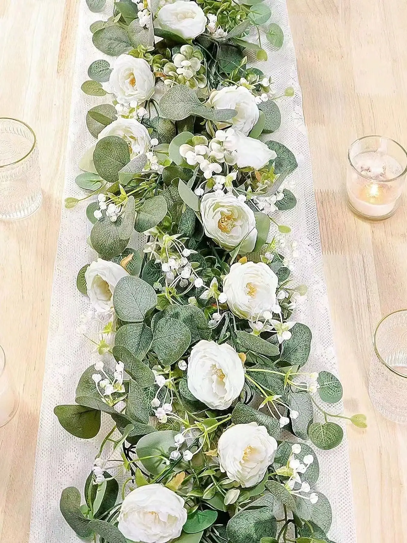 1PC Artificial Eucalyptus Flower Garland With White Roses Greenery Garland Floral Vines For Wedding Home Party Table Runner