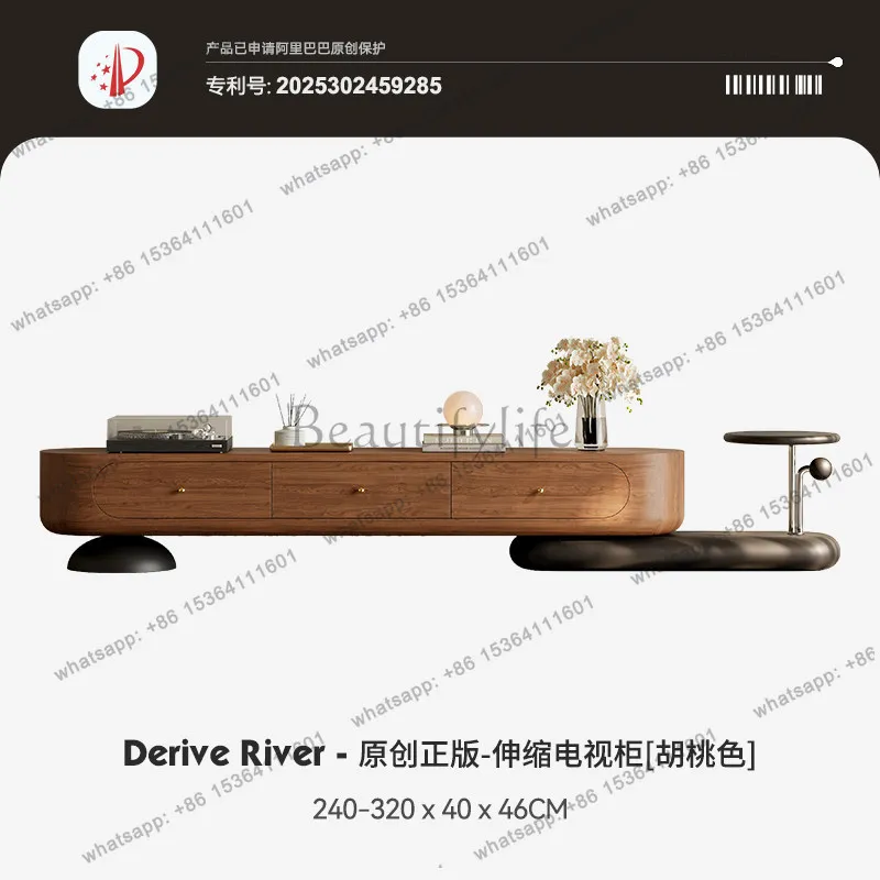 Medieval walnut retractable TV cabinet small apartment light luxury TV cabinet living room home