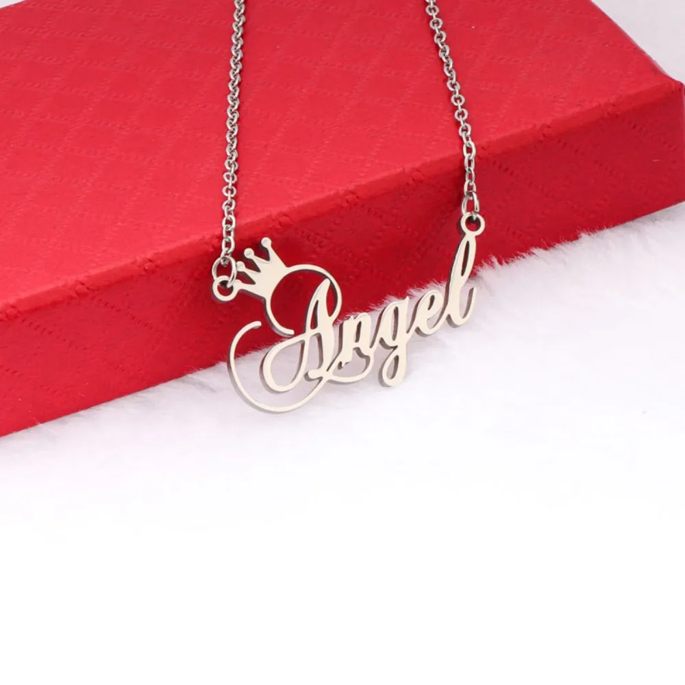 Custom Name Necklace Stainless Steel O Chain Crown Cursive Script Nameplate Pendant Personalized Christmas Gift for Women
