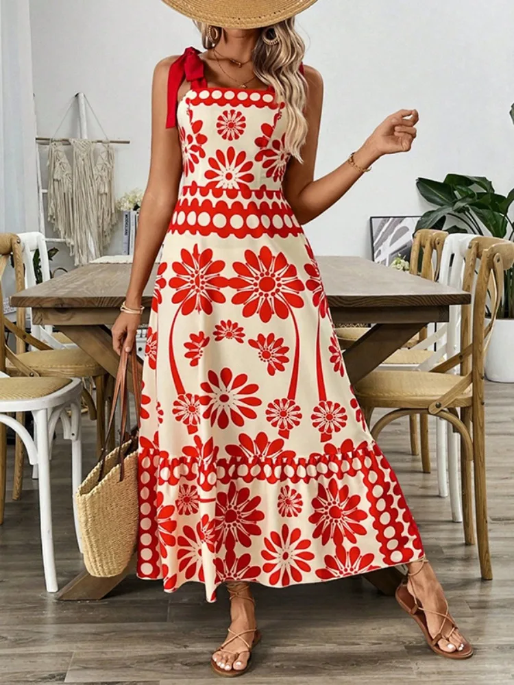 Onecozyday feminino impresso amarrado espaguete-pescoço boho maxi vestido 2025 verão moda férias vestidos de cintura alta vestido plissado