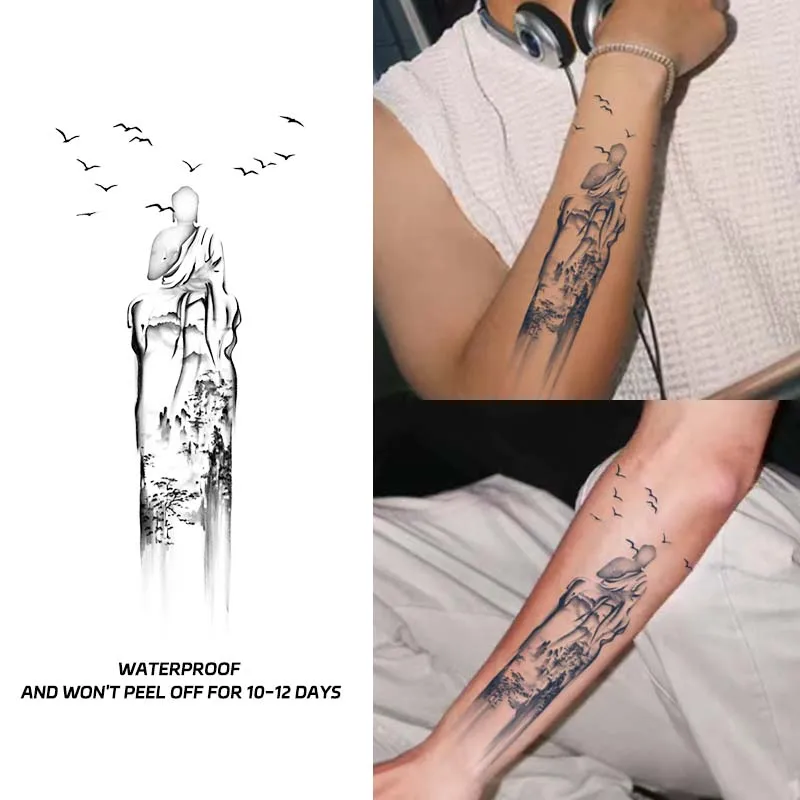 Temporary Tattoo Stickers Waterproof Zen Meditation Elements Men's Fake Tattoo Arm Stickers Simulated Tattoo Color