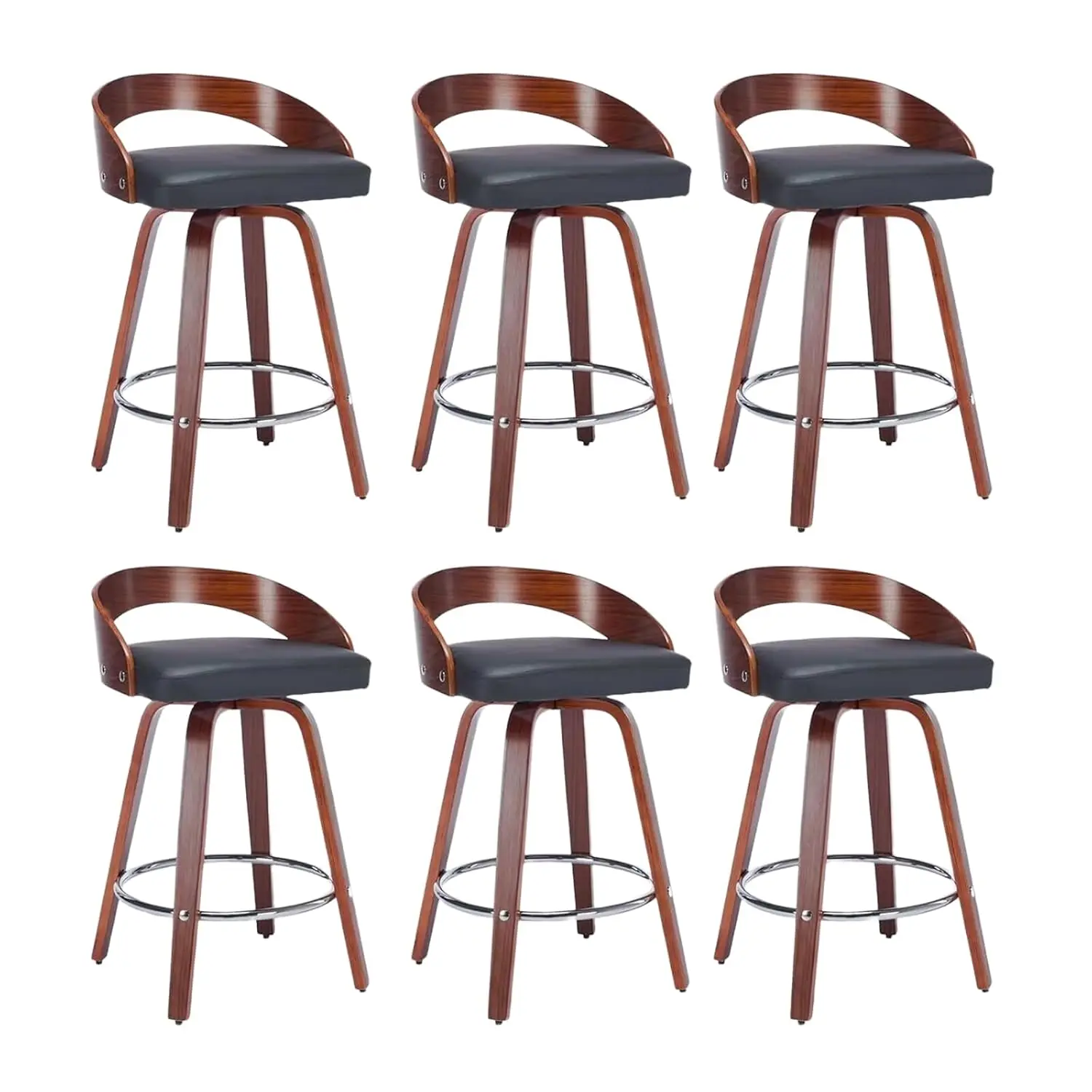 

Набор из 6 барных стульев с поворотным механизмом, 25 дюймов, с низкой спинкой, в стиле середины века, обивка из черной искусственной кожи, основание из орехового дерева, на заказ