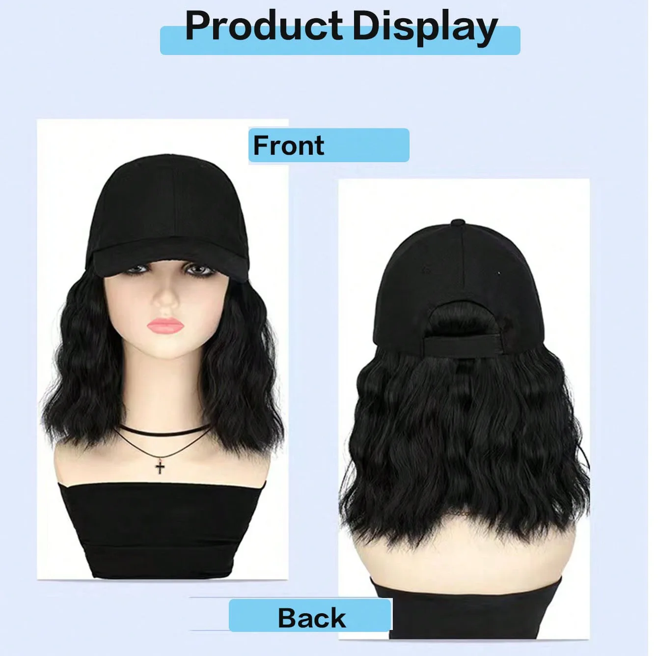 Hat Wig for Women, Short Wave Baseball Cap Wig with Curly Synthetic Hair Extensions, Adjustable Brown Black Baseball Hat Wig