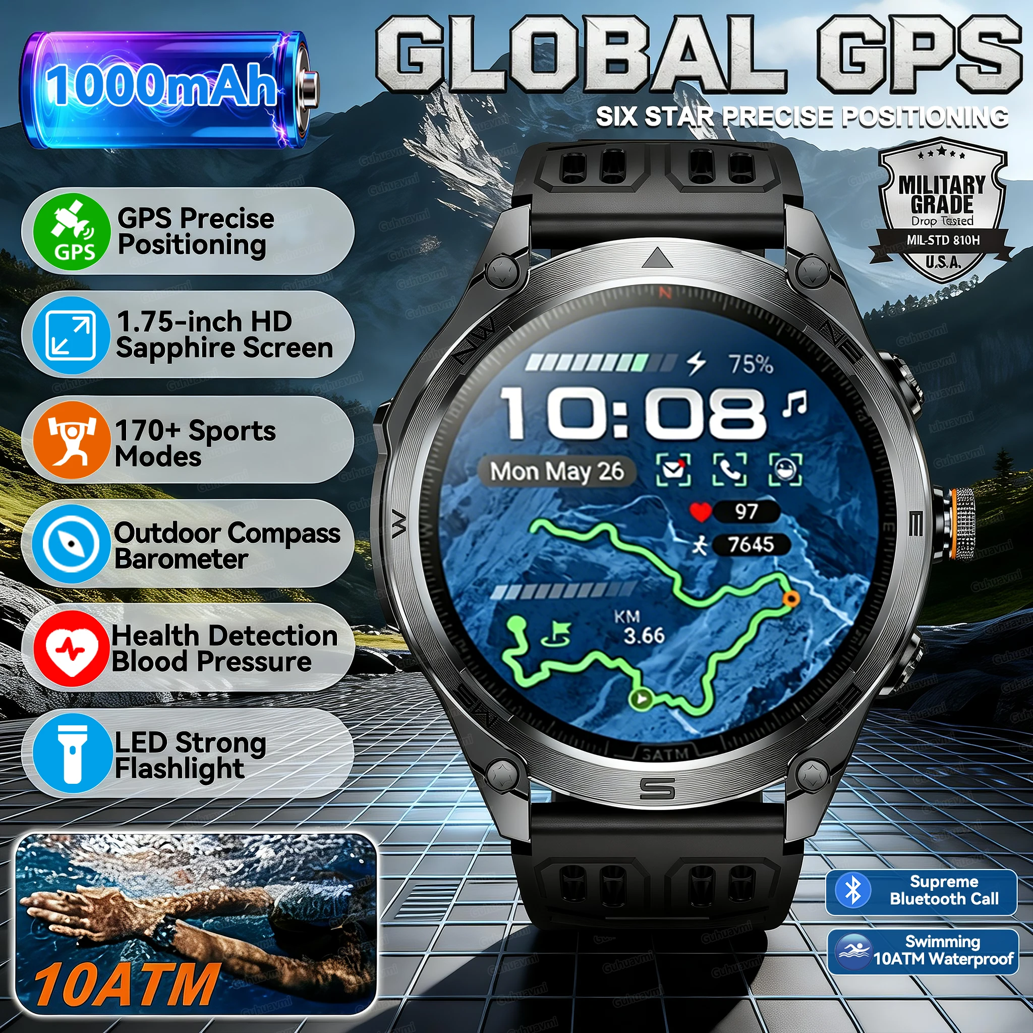 

Смарт-часы для мужчин с GPS-позиционированием, фонариком, батареей 1000 мАч, компасом, водонепроницаемостью 10ATM, Bluetooth и функцией звонков, умный браслет для спорта на открытом воздухе