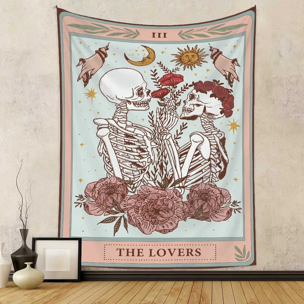 

The Lovers Tarot Card Tapestry Skeleton Kissing Wall Hanging Vintage Floral Polyester Decor for Bedroom Living Room Aesthetic