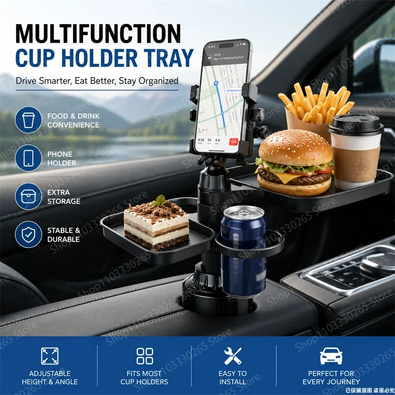Multifunctional Car Cup Holder Food Tray With Phone Mount Adjustable Detachable Snack Table For Vehicle Road Trip Travel Use