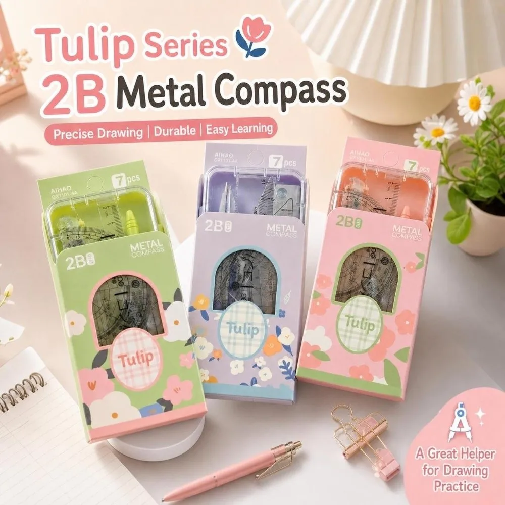 2/7pcs Kawaii Tulip Student Compass Set Clear Scale Measuring Rulers Portable Geometry Ruler Kit Geometry Compass Ruler Gift