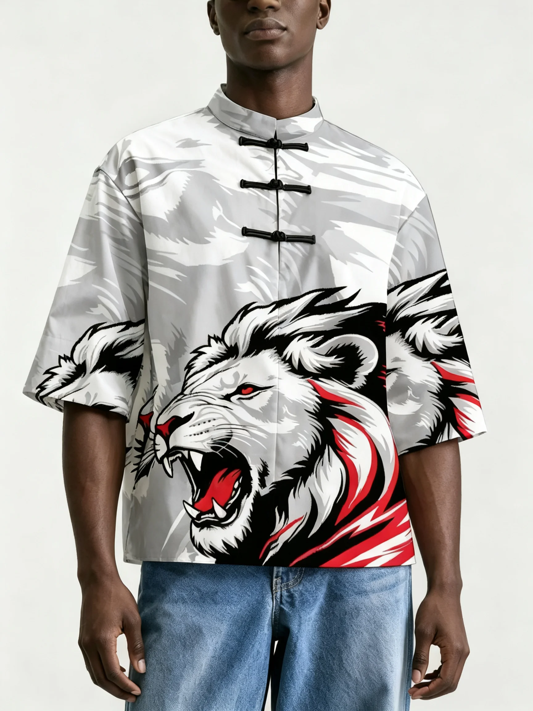 Men Chinese Style Frog Button Stand Collar Shirt, Loose Short Sleeve Animal Print Casual Blouse For Summer