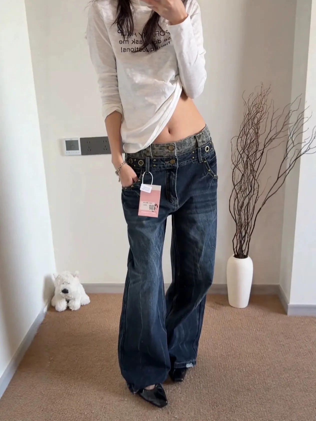 plus Size American Retro Leopard Print Double Waist Casual Wide Leg Jeans Women's Loose Slimming Drapey Autumn New Style