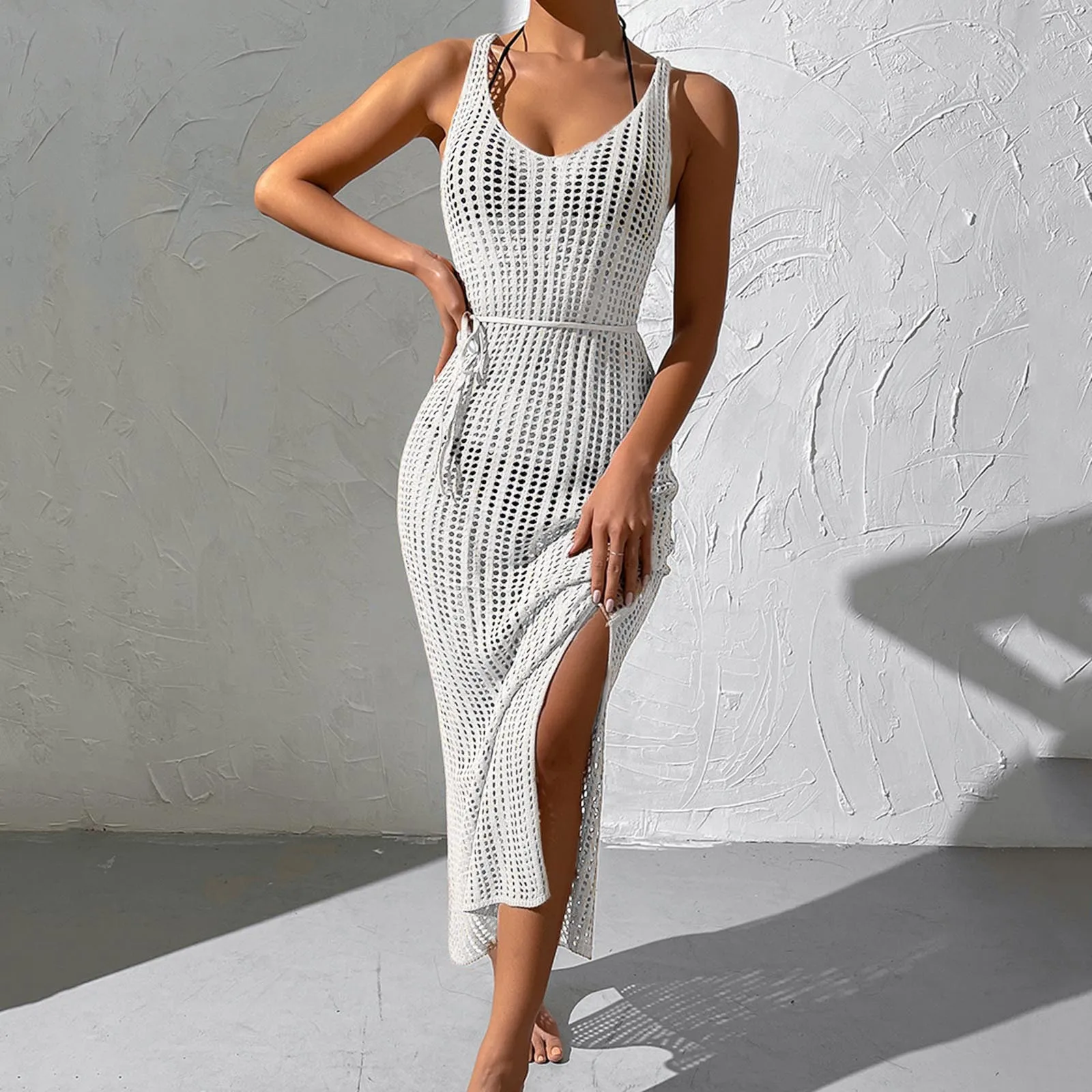 

Summer Solid Color Mesh Hollow Out Open Back Knit Beach Dresses Women's Loose Irregular Vacation Beach Swimwears Cover-Ups