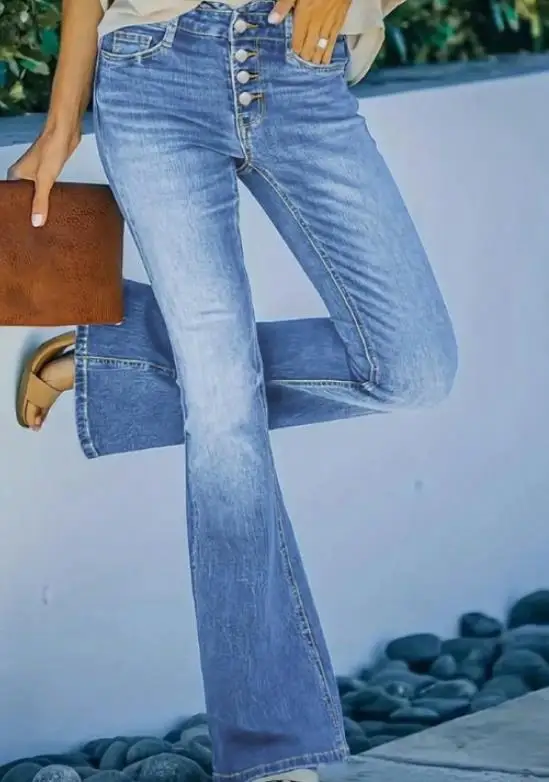 

Винтажные классические модные элегантные светло-голубые женские джинсы-клеш с высокой талией и застежкой на пуговицах спереди в гонконгском стиле