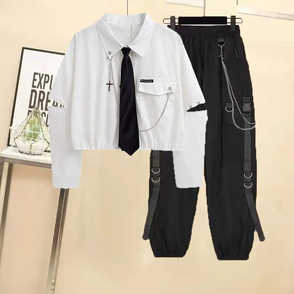 Women Men Work Jumpsuit Alternative, High Waisted Black Trousers & Crop Top Shirt Set, Korean Fashion Summer Outfit 2024