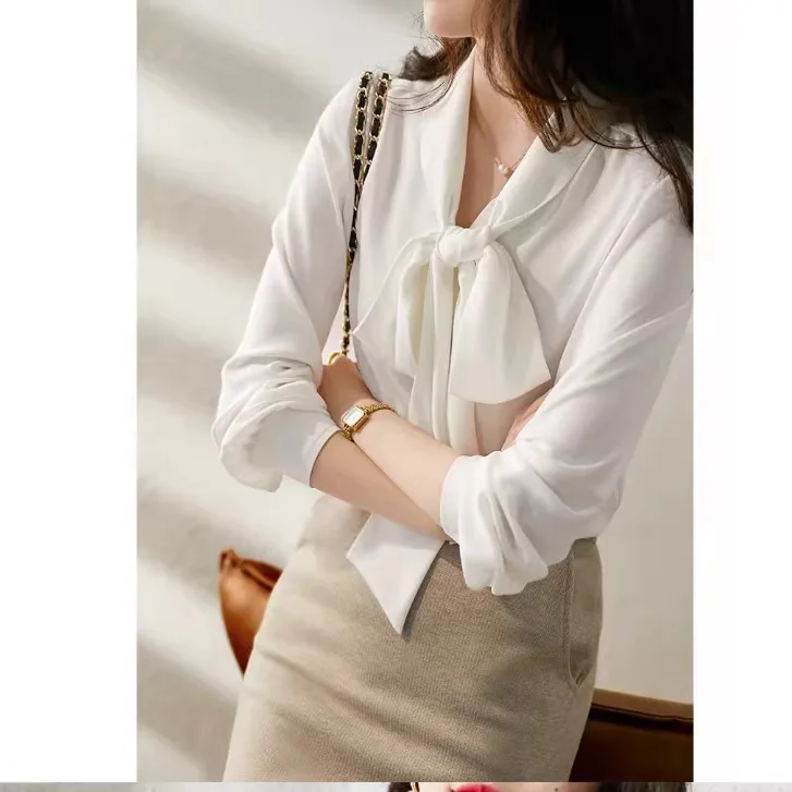 Women Elegant White Satin Blouse V Neckline with Self Fabric Bow Tie Detail Long Loose Cuff Sleeves Shirt