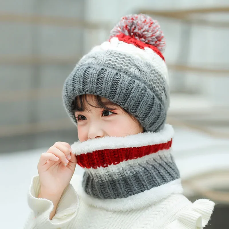 Girl Winter Stripe Beanies Hat Scarf Set Child Braided Cable Knit Pom Pom Hat And Ring Scarves Kids Warm Cap 4-12T Wear Pink