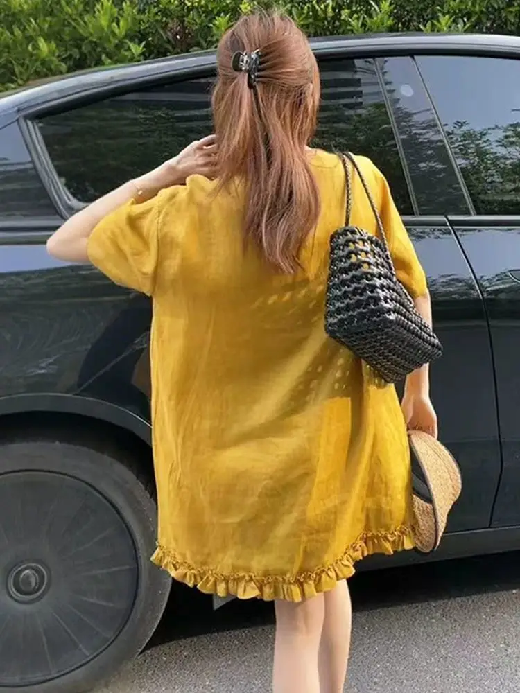 

plus Size Korean Sle Loose Materni Summer Dr Hollow out Mid-Length A-Line Skirt ort Sve round Ne Casual Dr