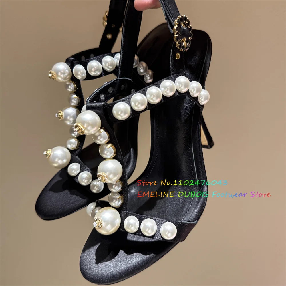 2025 New Round Head Pearl Decor High Heel Sandals Women Stiletto Heel Slingback Crystal Buckle Sexy Banquet Dress Shoes view 4