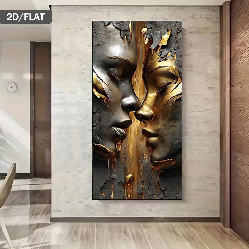 2D Flat Large Modern Abstract Golden & Silvery Face Canvas Wall Art Unframed Crackle Texture Canvas Prints for Living Room Decor
