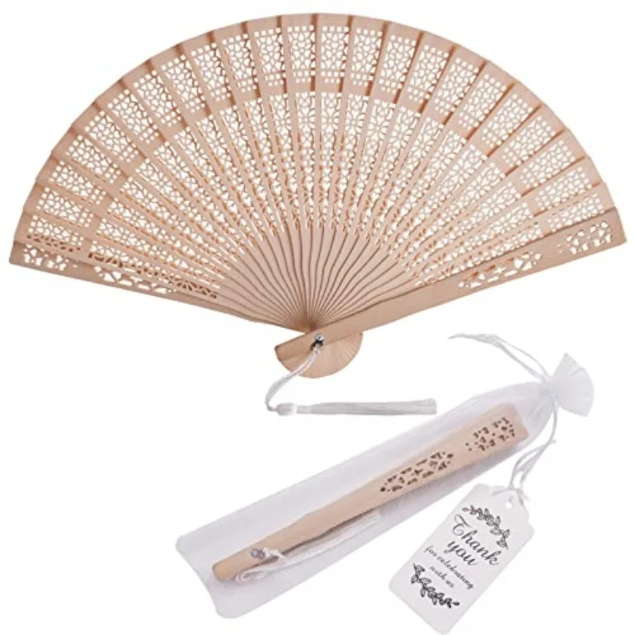 

50 Sets Wooden Hand Fan Wood Handheld Folding Fans with Organza Bags and Thank You Tag and Tassels Wedding Party Favors
